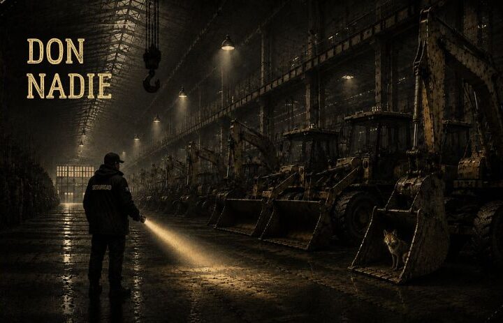 Un vigilante recorre una nave industrial oscura iluminando el suelo con una linterna mientras un zorro permanece oculto entre la maquinaria. Cabecera de "Don Nadie", un relato sobre fracaso, exclusión, dignidad y redención personal.
