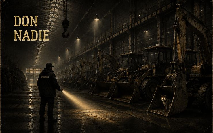 Un vigilante recorre una nave industrial oscura iluminando el suelo con una linterna mientras un zorro permanece oculto entre la maquinaria. Cabecera de "Don Nadie", un relato sobre fracaso, exclusión, dignidad y redención personal.