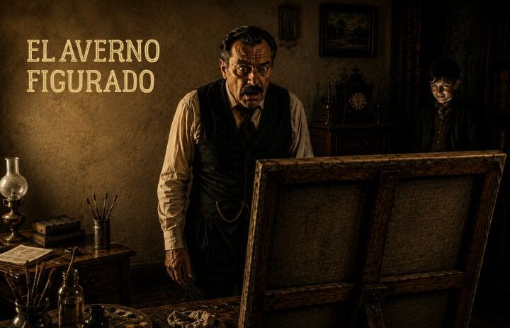 Escena del relato corto de terror «El averno figurado». Don Miguel contempla horrorizado un cuadro mientras Miguelito sonríe desde un rincón sombrío de la estancia.