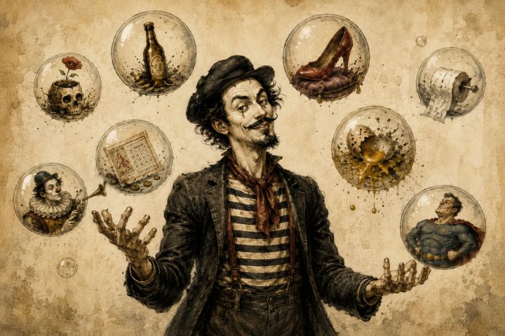 Microrrelatos divertidos y cortos encabezados con la ilustración de un malabarista de aire bohemio rodeado por esferas con objetos y personajes absurdos, entre ellos un zapato, un héroe y una cerveza.
