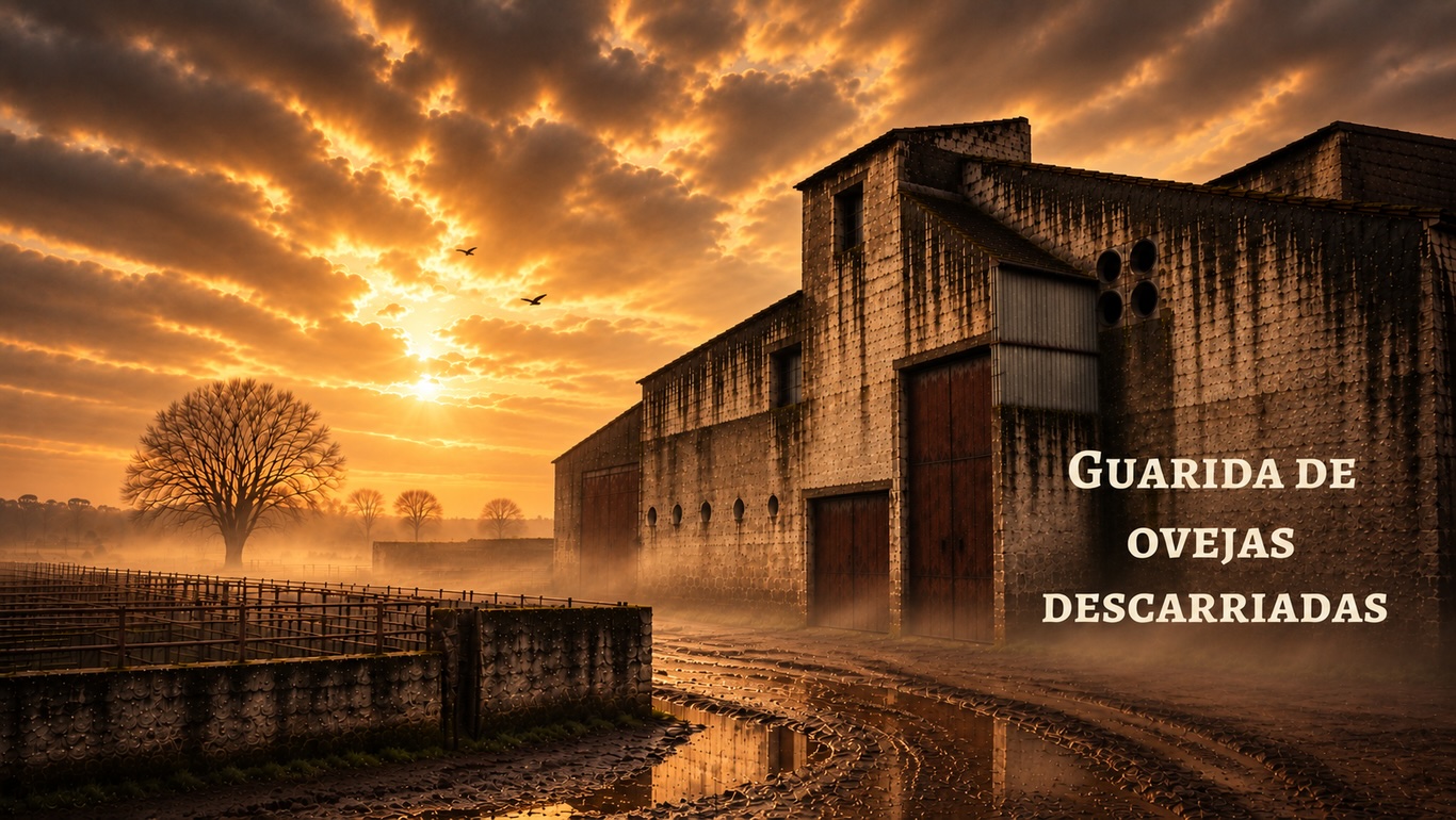 Nave rural abandonada al atardecer bajo el lema «Guarida de ovejas descarriadas»