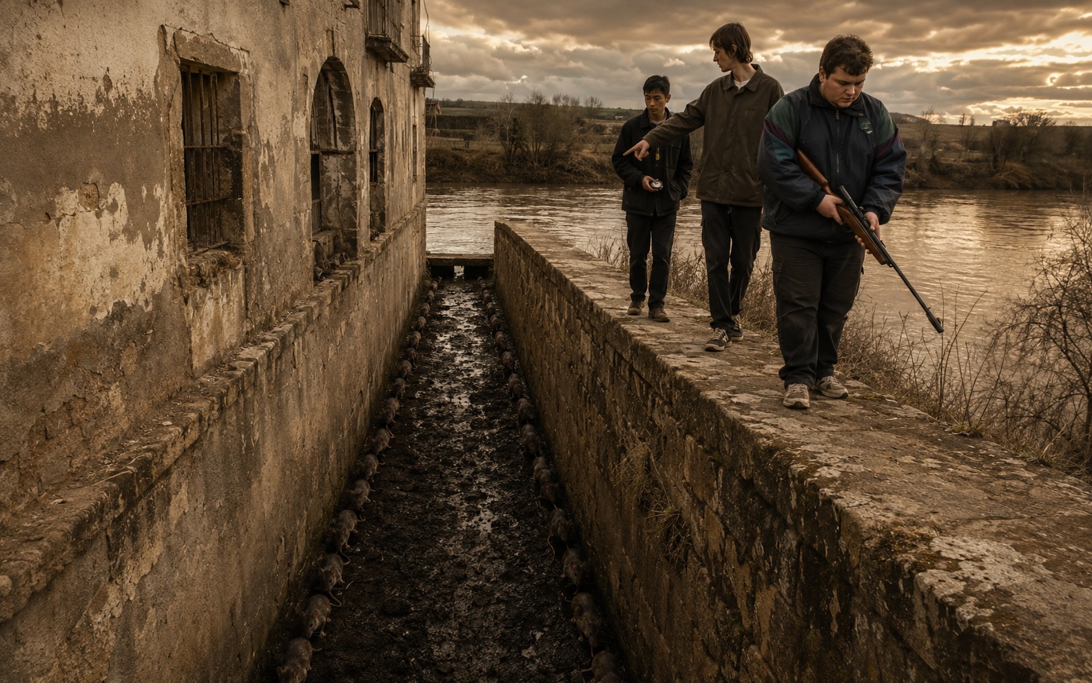 Tres amigos recorren el muro de un canal de desagüe infestado de ratas junto al matadero de Terrorhome.