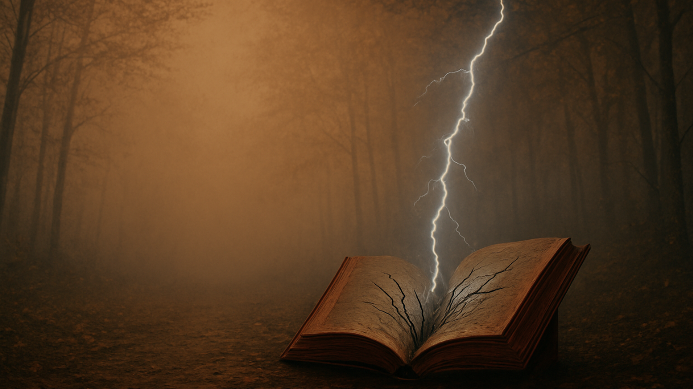 Cabecera de relatos cortos de Jon Fusta con un libro abierto en un bosque oscuro mientras un rayo cae sobre sus páginas