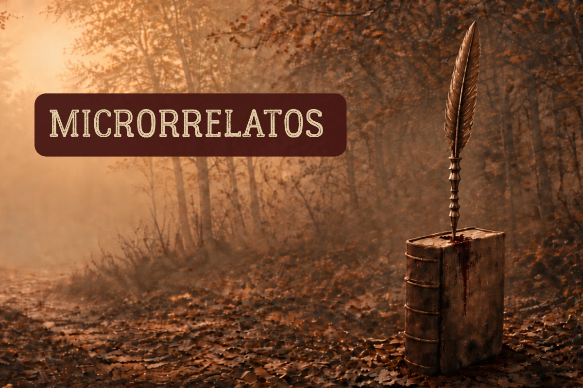 Tarjeta de acceso a los microrrelatos de Jon Fusta, con un libro antiguo atravesado por una pluma en un bosque otoñal