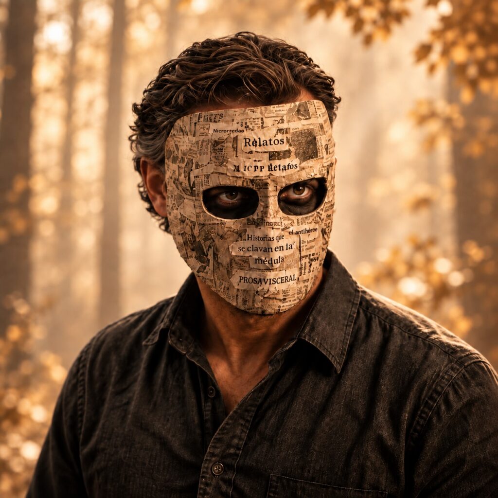 Retrato del antihéroe de Jon Fusta con máscara de recortes de prensa y bosque otoñal de fondo
