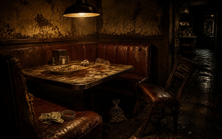 Mesa abandonada en un restaurante decadente con restos de comida y dinero, cabecera de Asfixia, de Chuck Palahniuk.