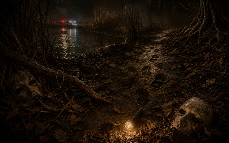 Camino nocturno embarrado junto a una casa rural y una verja cerrada, cabecera de una reseña de thriller español.