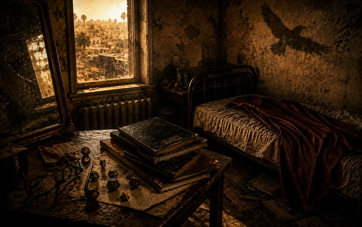 Dormitorio deteriorado con libros y dados de rol sobre una mesa, cabecera de la reseña de Óscar Wao.