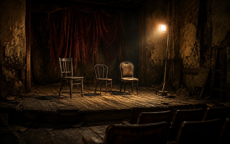Escenario de teatro ruinoso con tres sillas vacías bajo una luz cálida, cabecera de Los huerfanitos.