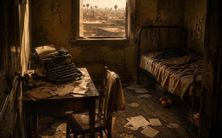 Habitación humilde con máquina de escribir, papeles y cama deshecha, cabecera de Pregúntale al polvo, de John Fante.