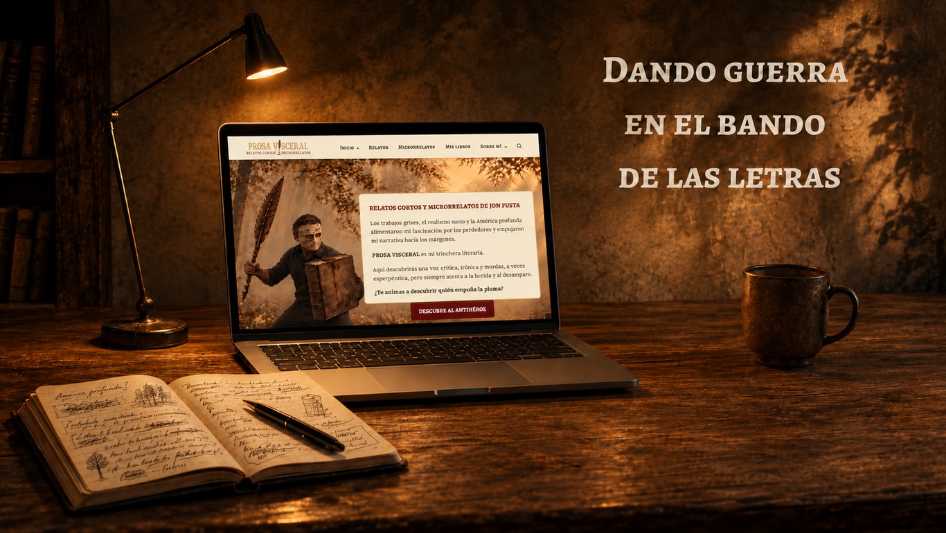 Cabecera de los libros de Jon Fusta, con una nave rural bajo un cielo tormentoso y el lema «Guarida de ovejas descarriadas».