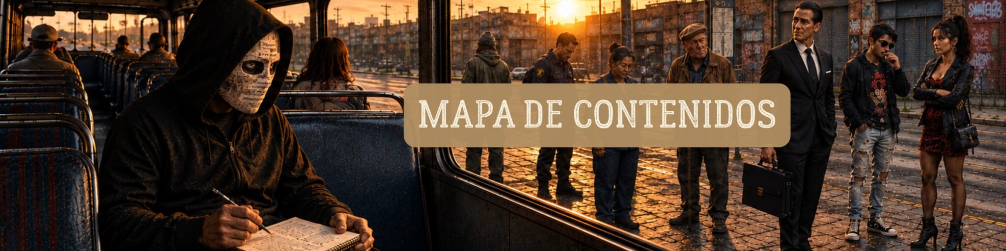 Antihéroe enmascarado toma notas desde un autobús mientras observa a varios personajes junto al rótulo «Mapa de contenidos»